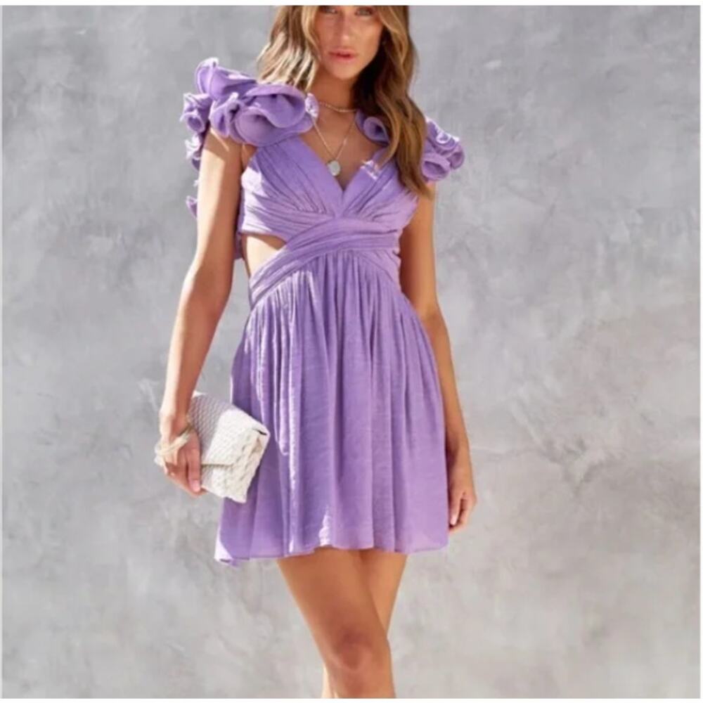 Do+Be Women's Purple Ruffle Open Lace Back Mini Dress Size Small NEW